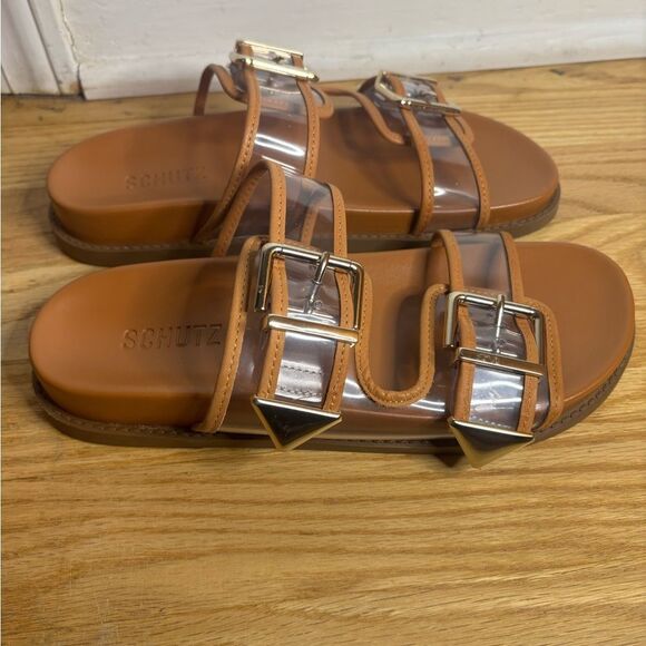 Schutz NAOMI SPORTY VINYL & METALLIC SANDAL size 7 NWOT in brown/clear/silver - Picture 5 of 7